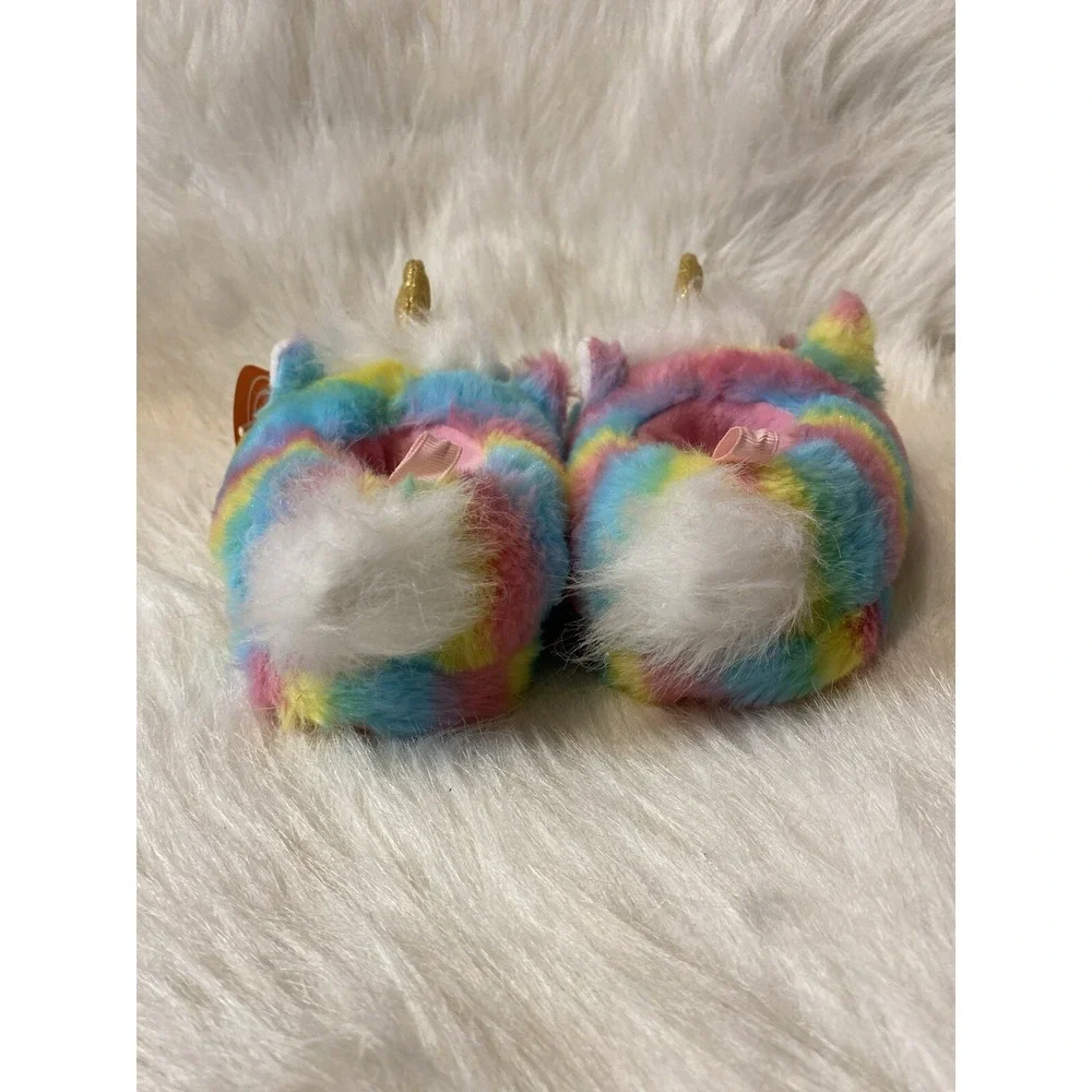 Wonder Nation Plush Rainbow Unicorn Slippers Girls Size 5-6 Fuzzy Slip‎ On Shoes